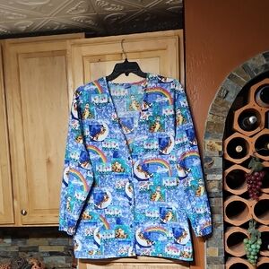 Disney Winnie The Pooh Tigger Floral Rainbow Button Up Long Sleeve Scrub Jacket